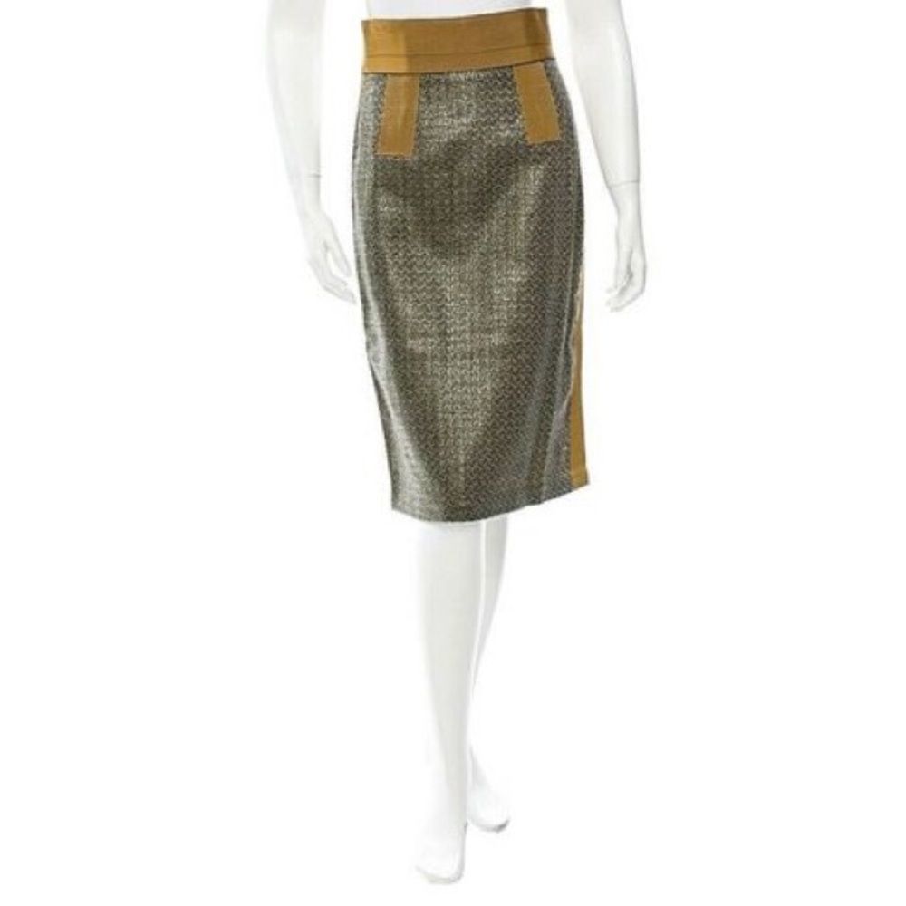 Tia Cibani Tweed Wool Pencil Skirt (S, 2-4) 4 Brown Green Mustard